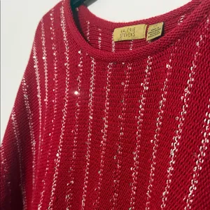 Valerie Stevens Red Knit Sparkle Fringed Shaw Sweater Top thumbnail 4