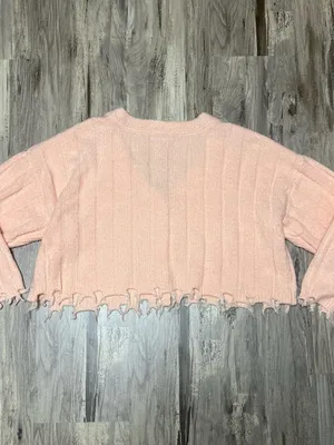 Double Zero Distressed Frayed Hem Cropped Cardigan Sweater Peach Pink Small thumbnail 5