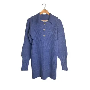 Umgee Cable Knit Sweater Dress Cobalt Blue Medium Stretch Pointed Collar NWT thumbnail 8