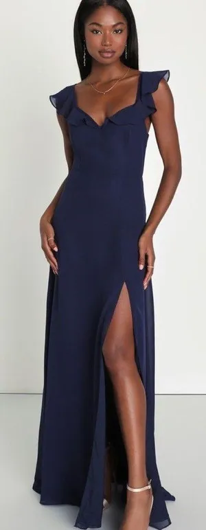 Lulus Sweetest Entrance Navy Blue Ruffled Tie-Back Maxi Dress Size Medium NWT thumbnail 1