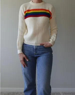Rainbow Cream Knit Cozy Crew Neck Sweater One Size White thumbnail 2