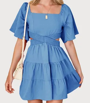Short sleeve blue dress with open back detail thumbnail 1