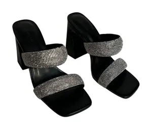 Open Edit Womens Black Rhinestone Double Strap‎ Block Heel Slide Sandals 8.5M thumbnail 1