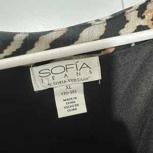 Sofia Vergara Dress XL Black Tan Zebra Smocked Empire Waist Metallic Chiffon thumbnail 4