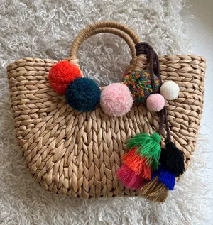 NWOT Woven Straw beach Handbag with Multicolor Pom-Pom Tassels thumbnail 1