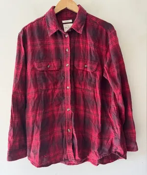 American Eagle Red Oversized Fit “Destroyed”‎ Plaid Button Down Top thumbnail 1