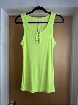Zenana Neon Yellow Ribbed Button Front Tank Top Size: Large thumbnail 2
