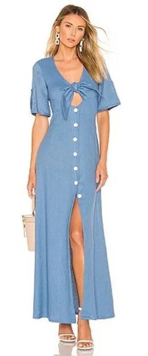 Alexis Jameela Shell Blue Linen Maxi Dress Tie‎ Front Button Size L thumbnail 1