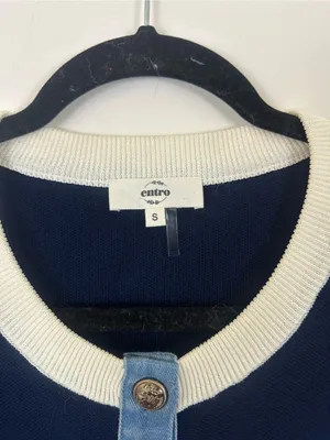Entro Navy Knit Cardigan Jacket with Light Denim Trim Size Small Women's thumbnail 3