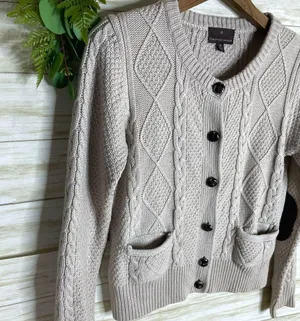 Fenn Wright Manson Oatmeal Neutral Tan Cable Knit Wool Blend Button Cardigan thumbnail 3