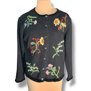 Susan Bristol Vintage Black Floral Embroidered Cotton Cardigan Dark Romance Knit Sweater thumbnail 12