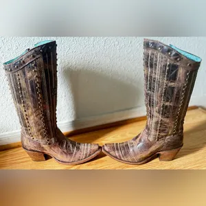 Corral Distressed Brown Crystal Cross Stripes and Studs Tall Boot Size 7M thumbnail 7