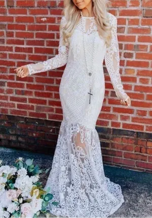 Elegant Ivory White & Nude Embroidered Lace Bohemian Dress With Rhinestone Belt thumbnail 1
