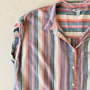 Orvis Linen Blend Shirt L Pastel Stripe Coastal Grandmother Cap Sleeve thumbnail 10