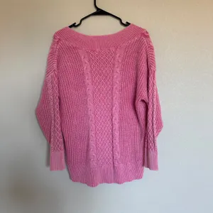 Aerie Womens Pink Cable Knit V-Neck Sweater 100% Cotton Relaxed Fit Small Fall thumbnail 2