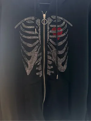 Black Rhinestone Skeleton Zip Hoodie with Red Heart Detail thumbnail 2