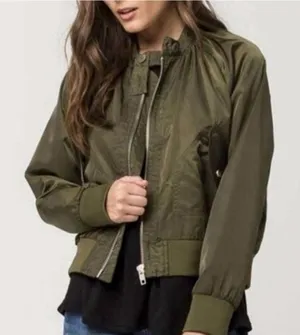 Free People Midnight Bomber Jacket in Olive Green Satin Pockets Sz S Small EUC!! thumbnail 1