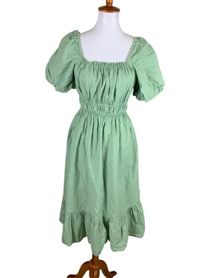 Dizzy Lizzy Sage Green Puff Sleeve Smocked Waist Midi Dress Cottagecore M thumbnail 2