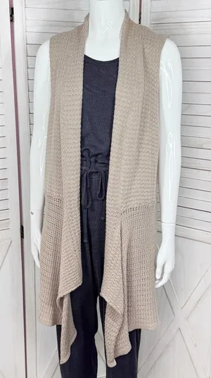 RXB Boho Open‎ Waterfall Long Cardigan Sweater Vest Tan Large Cotton thumbnail 1