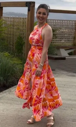 NWT Abel The Label Charlie in Pink Orange Floral Open Tie Back Midi Dress L thumbnail 7