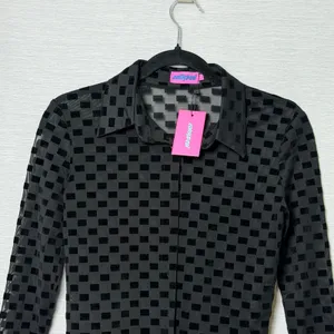 Edikted Black Checkered Velvet Flocked Sheer Mesh Button Down Top S11731 Small thumbnail 3