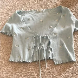 PacSun Green Ribbed Crop Blouse with Tie Front thumbnail 1
