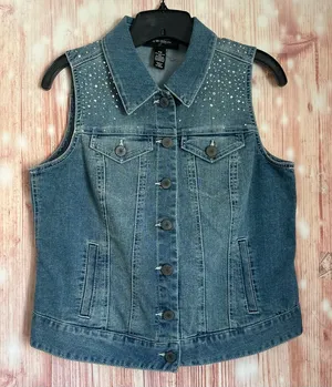 Style & Co Petite Western Festival Rhinestone Jewel Studded Denim Vest Size MP thumbnail 1