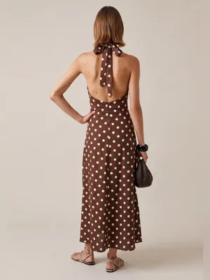 NWT few moda noelle dress size Medium M brown polka dot halter maxi o.p.t linen thumbnail 2