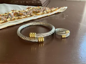 UNISEX Silver & Gold Cable Wire Bracelet + Ring Set thumbnail 2
