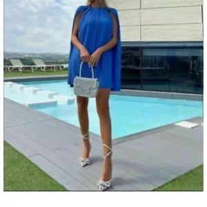 Zara Bright Blue Pleated Cape-Back Mini Dress thumbnail 2