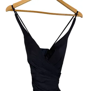 La Femme Navy Ruched Jersey V-Neck Slit Formal Gown Dress Tie Up Back Size 0 thumbnail 3