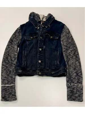 Free People Denim Knit Sleeve Hooded Jacket Distressed Dark Wash h thumbnail 2
