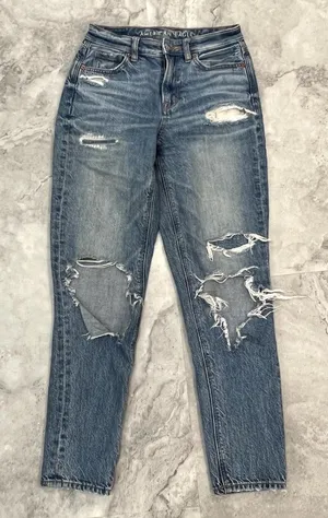 American Eagle Mom Jean‎ Size 00 Blue Stretch Mid-Rise Distressed Blown Knees thumbnail 1