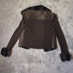 Cache Brown Faux Fur Trim Moto Jacket Size S Wool Blend Rib Knit Snakeskin Textu thumbnail 9