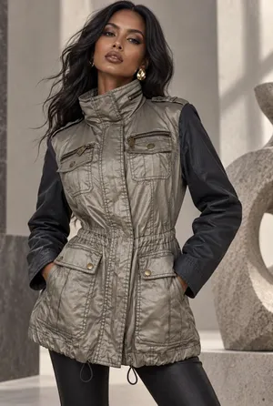 Michael Kors Women Olive Green Black Mixed Media Utility Jacket Small Brass Zip thumbnail 1
