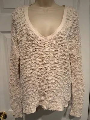 Free People Ivory V-Neck Popcorn Knit Cotton Blend Sweater Cream Small thumbnail 1