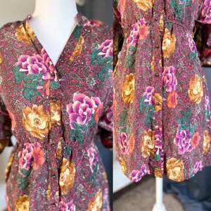 Champagne & Strawberry Silk Floral Paisley Mini Dress Womens Small Burgundy Boho thumbnail 11
