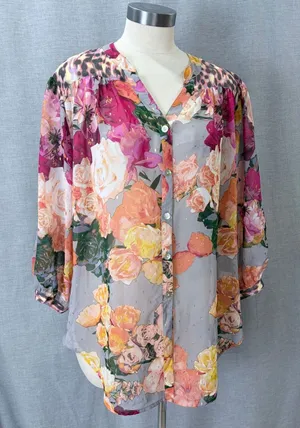 Figueroa & Flower Blouse Gray Floral Leopard Metallic Sheer XL thumbnail 1