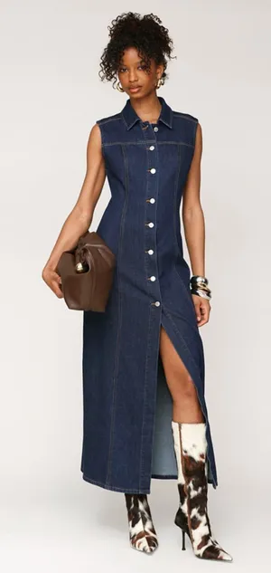 Avec Les Filles Dark Blue Denim Button-Front Maxi Dress thumbnail 1