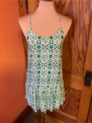 Roxy Green White Geometric Mini Dress Small Adjustable Strap Beach Sundress thumbnail 7