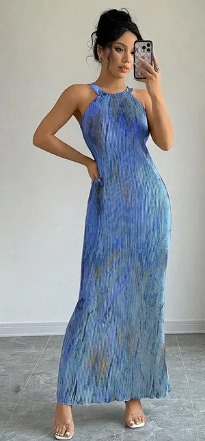 Women Elegant Tie-D ye Pleated Dress Maxi Women thumbnail 1