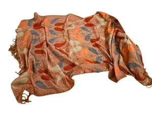 Pashmina JS Ondo Paisley Scarf Shawl‎ Wrap Orange Blue Fringe Boho Classic thumbnail 1