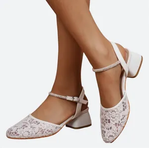 White Lace Low Block Heel Ankle Strap Wedding Shoe Sandals Size 40 thumbnail 1