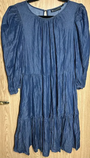 New York & Company Size L Denim Long Puff Sleeve Knee Length Dress thumbnail 1
