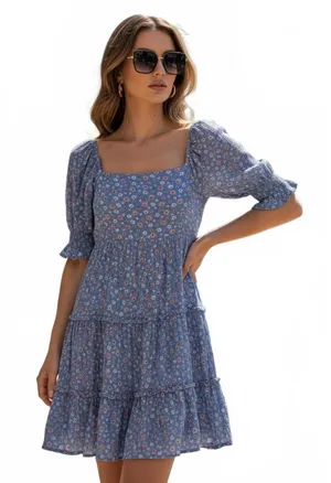 Altar'd State Womens XS Blue Floral Tiered Puff Sleeve Babydoll Dress thumbnail 1