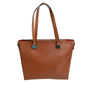 Faux Leather Brown Double Handle Red Lined Tote Bag Purse thumbnail 1