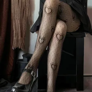 Heart Print Mesh Tights Black Sexy Cut Out High Waist Fishnet Pantyhose One Size thumbnail 9