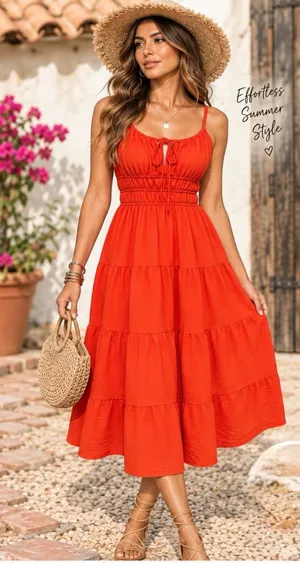 Monteau Los Angeles Smocked Waist Tiered Midi Dress in Bright Red Sz L thumbnail 1