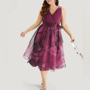 Red-Violet Floral Print Belted Pocket Sleeveless Dress-Large/12 thumbnail 3