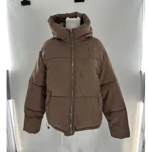 Shein Puffer Coat Jacket Sz L Brown Minimalist Trendy High Neck Normcore thumbnail 1